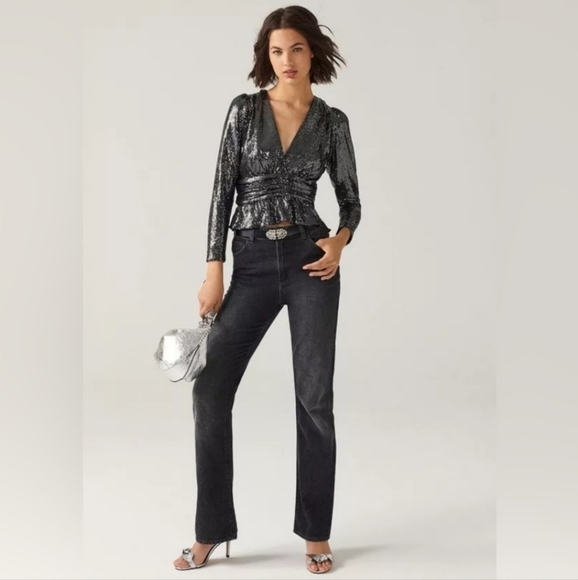 New BA&SH Mae Sequin Top Long Sleeve V Neck Peplum Party Sparkle Noir Black XS - Picture 5 of 17